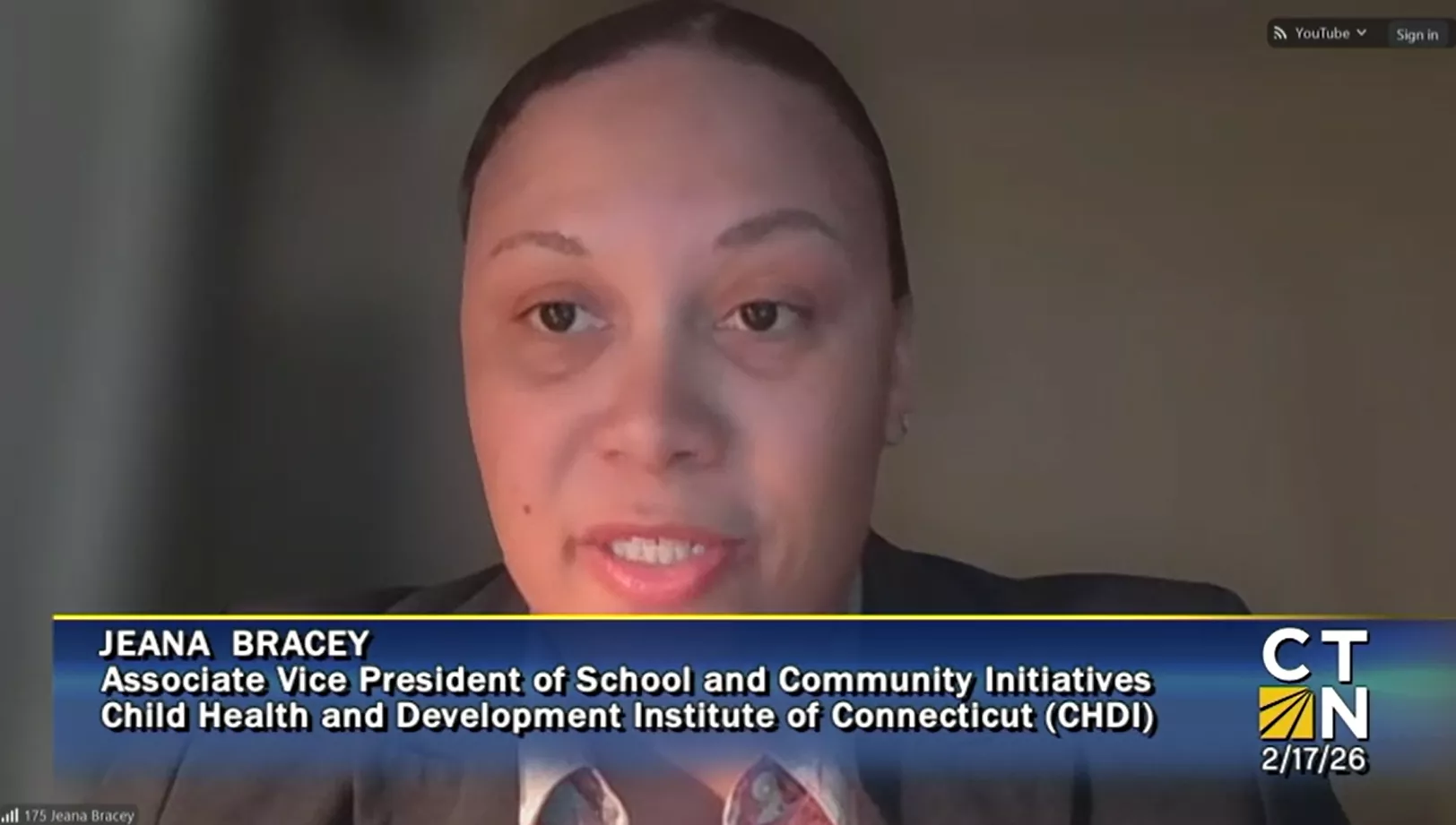 Screenshot from CT-N of CHDI Associate Vice President of School and Community Initiatives, Jeana Bracey, PhD, testifying about the impact of SBDI before the CGA Appropriations Committee