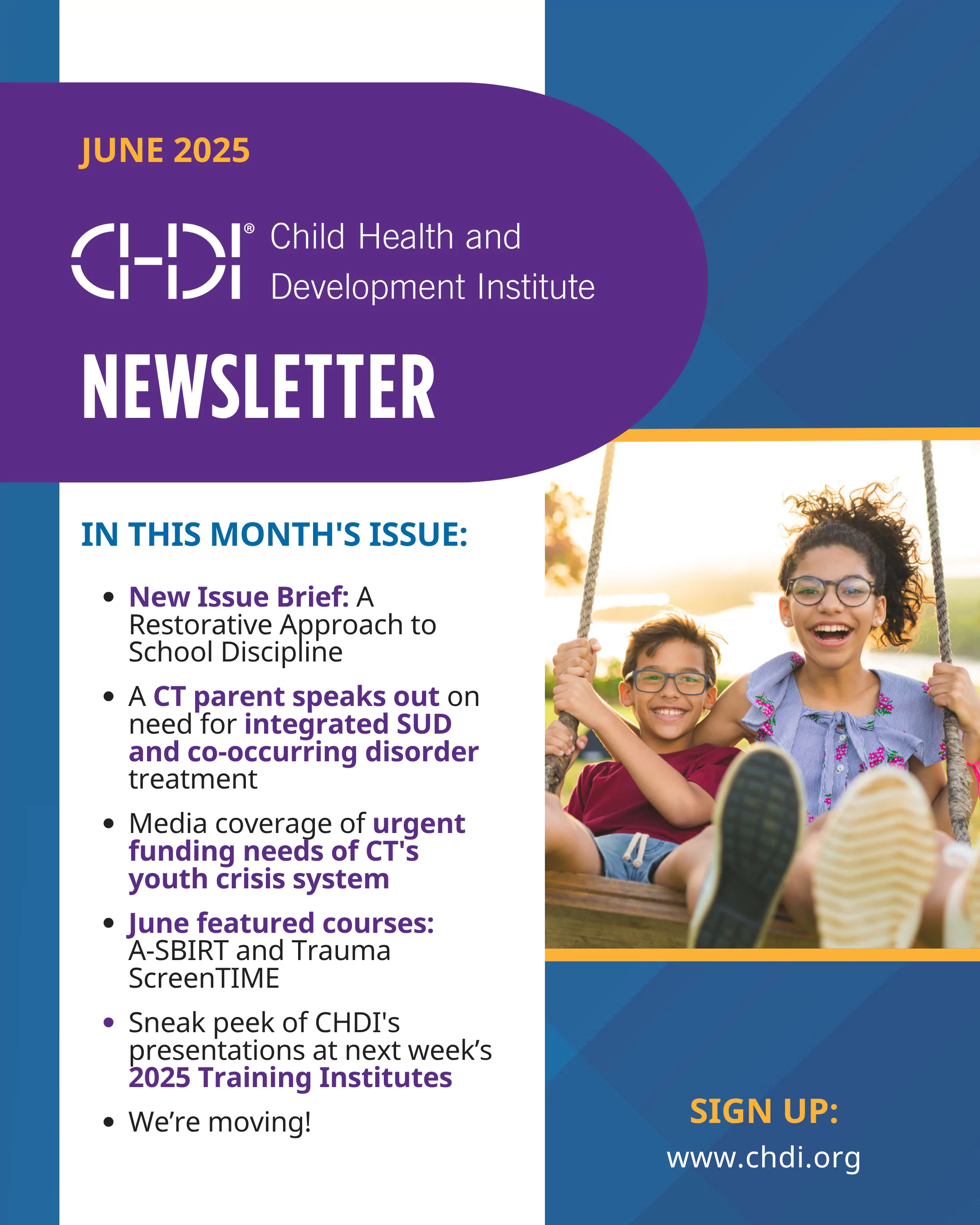 In this month's issue - new issue brief on restorative school discipline; CT parent's story advocating for co-occurring disorder care; youth crisis funding; featured courses. Click to read the June 2025 Newsletter
