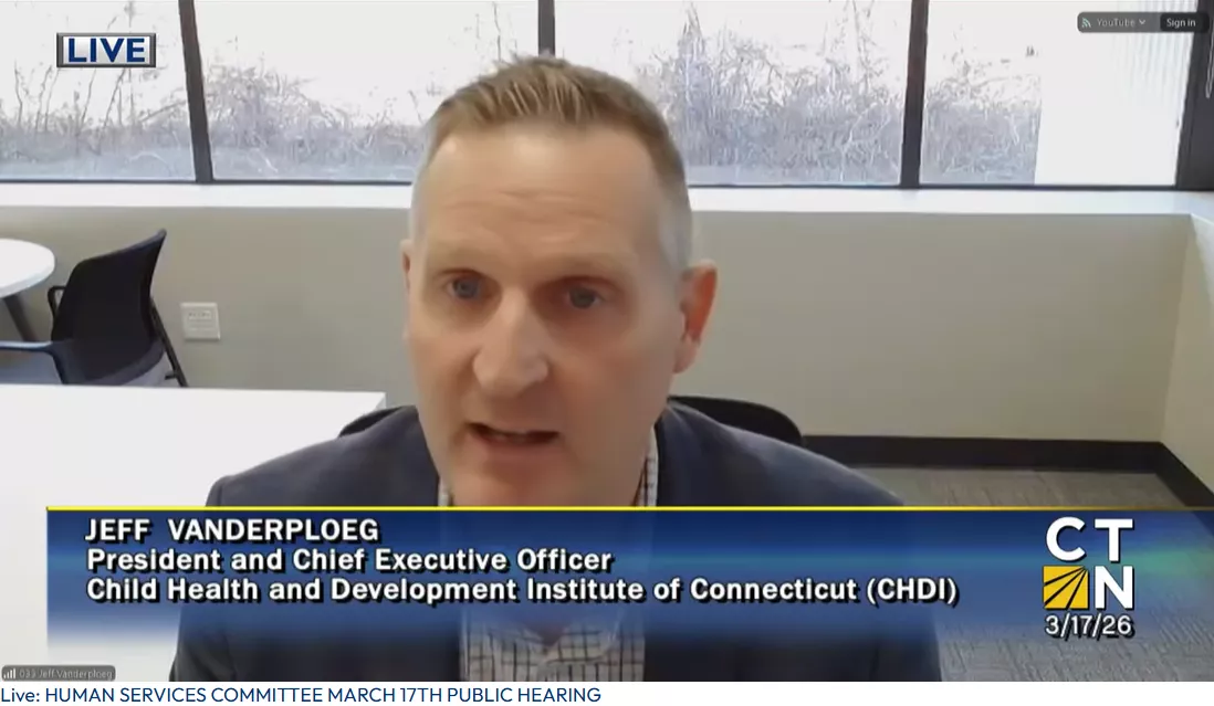 Jeff Vanderploeg testifies remotely on 3/17 at CGA human services hearing, in screenshot from CT-N