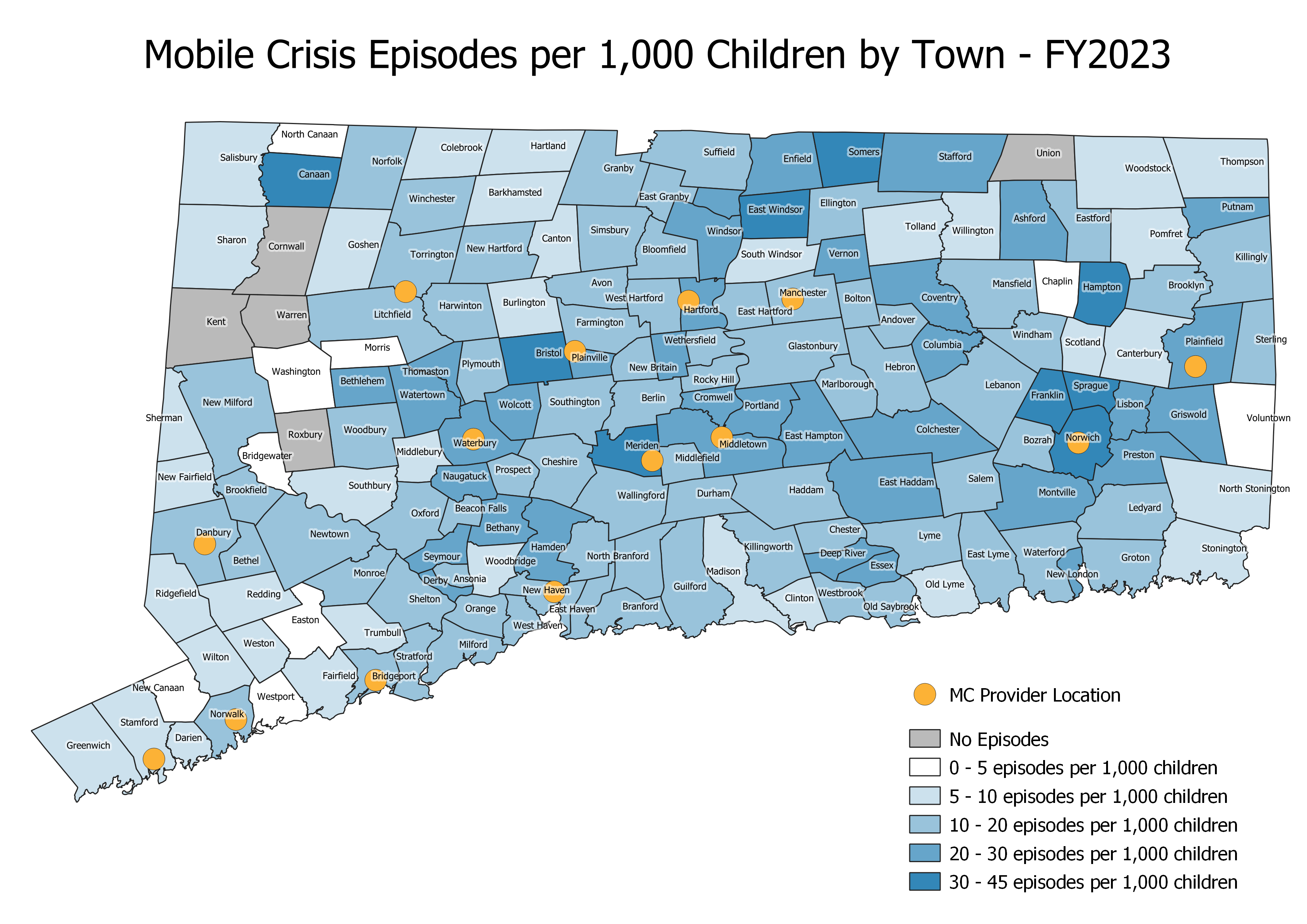 Map of Connecticut showing rate of Mobile Crisis episodes by town in FY 2023. View full map in report.